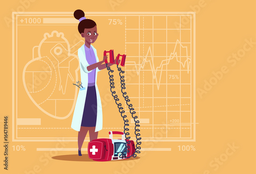 Female Doctor Hold Defibrillator Medical Clinics African American Worker Reanimation Hospital Flat Vector Illustration