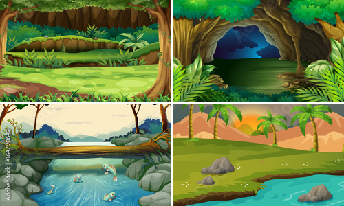 Four forest scenes with trees and rivers