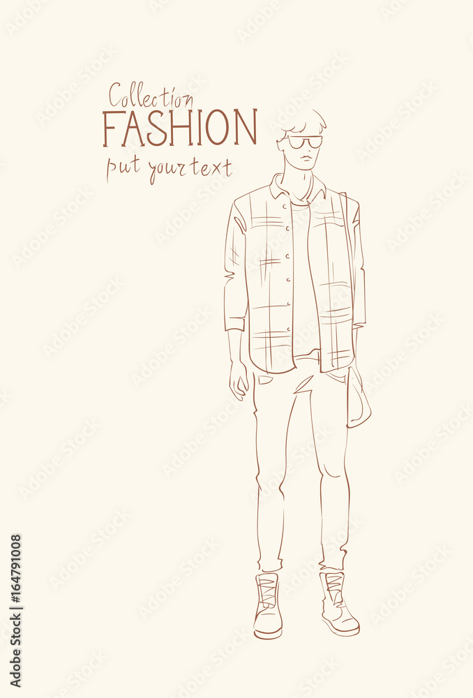 Fashion Collection Of Clothes Male Model Wearing Trendy Clothing Sketch Vector Illustration Fashion Collection Of Clothes Male Model Wearing Trendy Clothing Sketch Vector Illustration