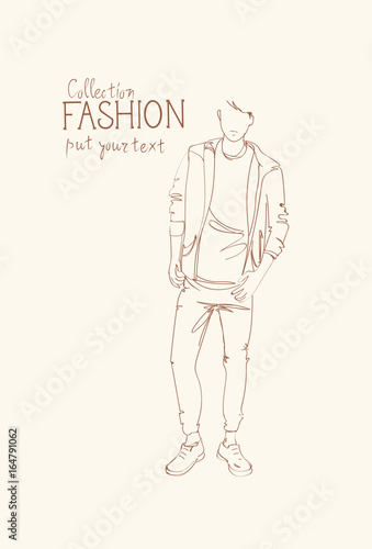 Fashion Collection Of Clothes Male Model Wearing Trendy Clothing Sketch Vector Illustration