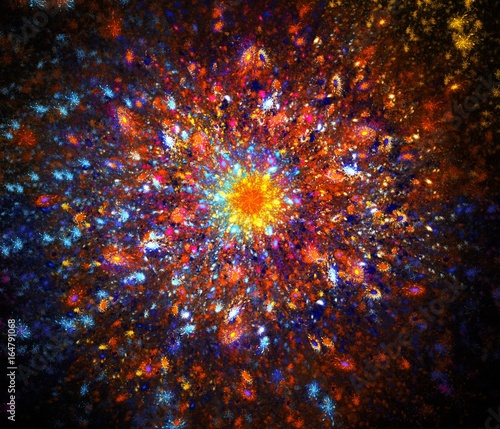 Abstract exotic flower. Fantasy fractal design in bright red, blue and golden colors. Psychedelic digital art. 3D rendering.