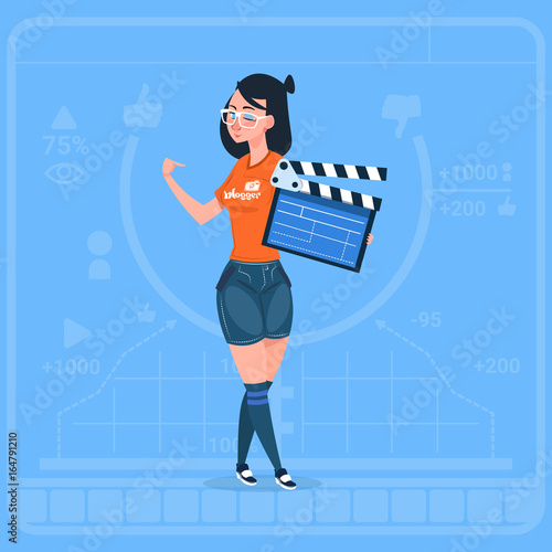 Girl Holding Clapperboard Modern Video Blogger Vlog Creator Channel Flat Vector Illustration
