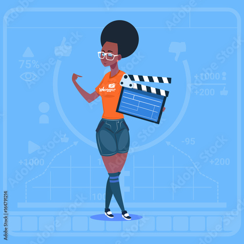 African American Girl Holding Clapperboard Modern Video Blogger Vlog Creator Channel Flat Vector Illustration