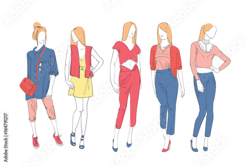 Fashion Collection Of Clothes Set Of Male And Female Models Wearing Trendy Clothing Sketch Vector Illustration