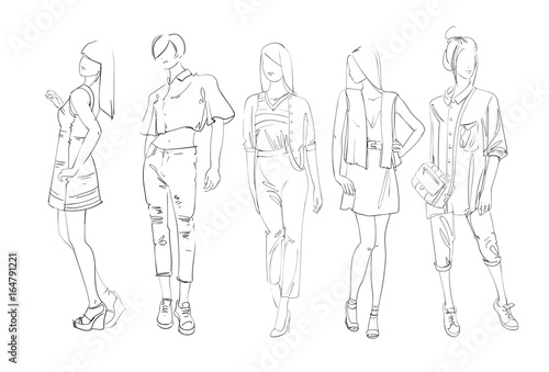 Fashion Collection Of Clothes Set Of Male And Female Models Wearing Trendy Clothing Sketch Vector Illustration