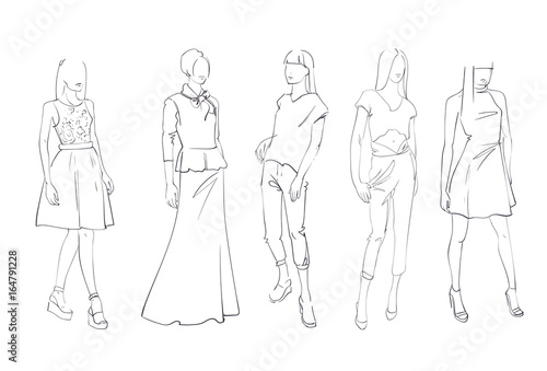 Fashion Collection Of Clothes Set Of Male And Female Models Wearing Trendy Clothing Sketch Vector Illustration