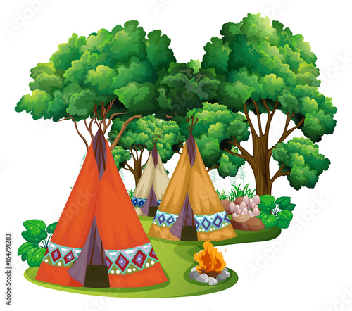 Camping site with teepees and campfire