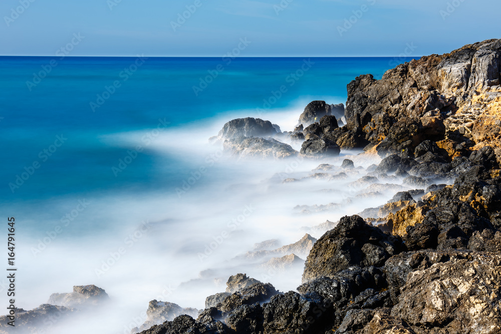 Beautiful greek seascape at sunny day, long  time exposure, Crete