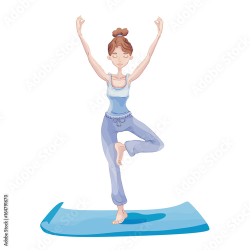 Young attractive woman practicing yoga, standing on one leg. Vrikshasana exercise, Tree pose. Vector illustration, isolated on white background.