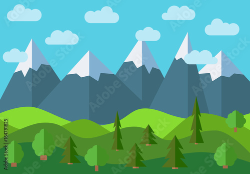 Vector panoramic mountain cartoon landscape. Natural landscape in the flat style with blue sky, clouds, trees, hills and mountains with snow on the peaks. 