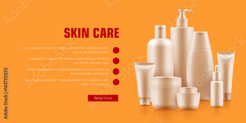 Realistic cosmetic bottle advertising. Health and beauty concept. Skin, hair and body care products. Realistic template vector illustration