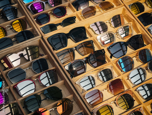Sunglasses Fashion display in wooden box Shop Hipster Lifestyle