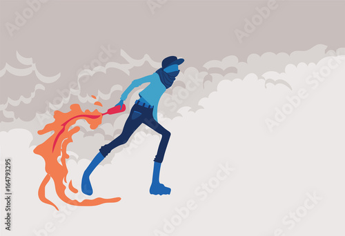 Radical young man with Molotov cocktails, fire and smoke. Riots, street protest. Vector illustration, poster with copy space.
