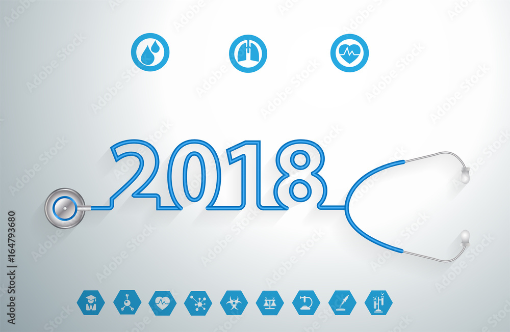 Plakat Stethoscope heart creative design ideas concept, Happy new year 2018 calendar cover, typographic vector illustration.