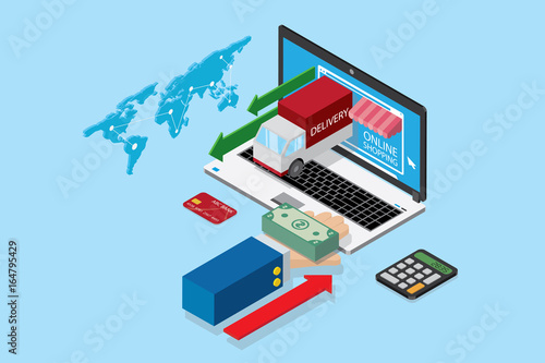 isometric notebook and business hand with stack of dollar banknotes, online shopping and business concept