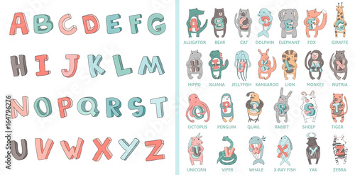Hand-drawn alphabet, font, letters. Doodle ABC for kids with cute animal characters. Vector illustration, isolated on white background.