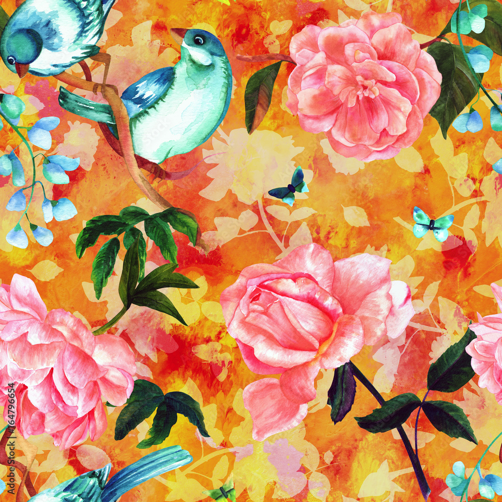 Seamless golden pattern with watercolor birds and roses