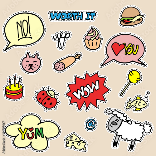 Set of fashion cartoon patch badges. Burger, cake, sheep, cat, ladybug, drawn words love you, wow, worth it, yum etc. Isolated elements for stickers, embroidery, decorations. Vector illustration. 