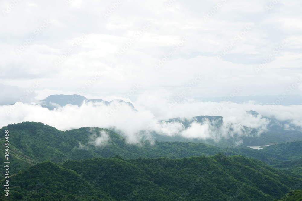 Morning mountain landscape with waves of fog and cloudy sky. Waves of clouds in the mountain peaks covered with coniferous deciduous forests Morning mountain landscape with waves of fog and cloudy sky. Waves of clouds in the mountain peaks covered with coniferous deciduous forests