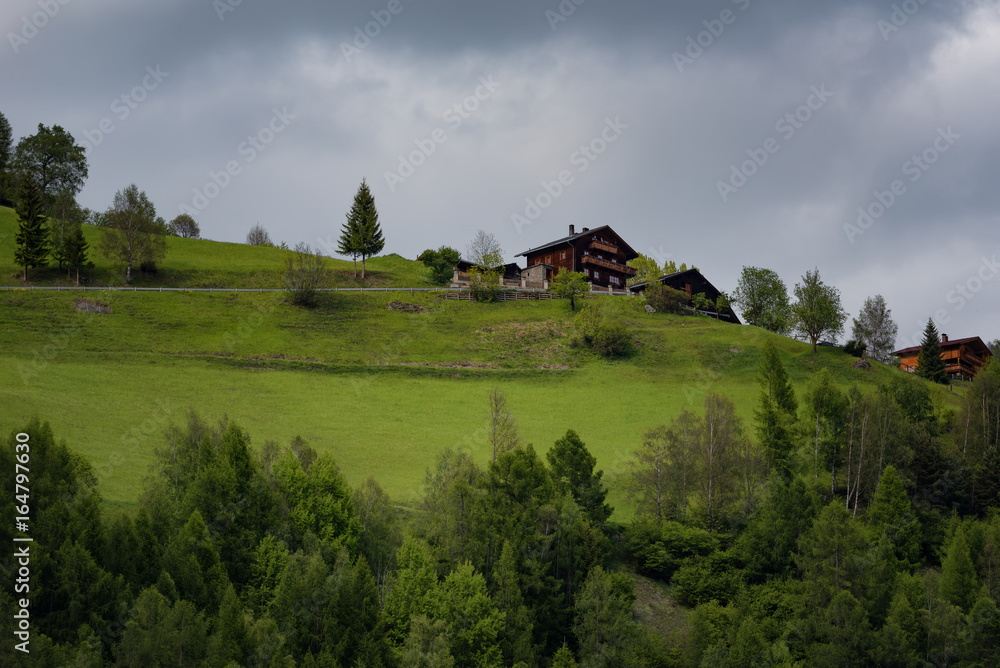 Rural Alpine landscape with houses and cottages in Hohe Tauern National Park, Austria, Europe. Summer time.