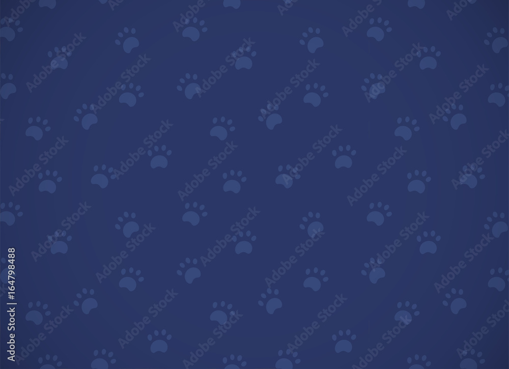 Horizontal card. Seamless dark blue pattern with paws.