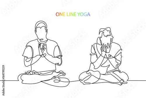 man and woman meditate in lotus position, lineart vector
