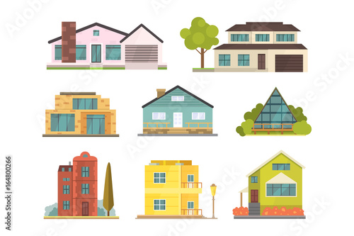 Cottage and assorted real estate building icons. Residential house collection in new cartoon style