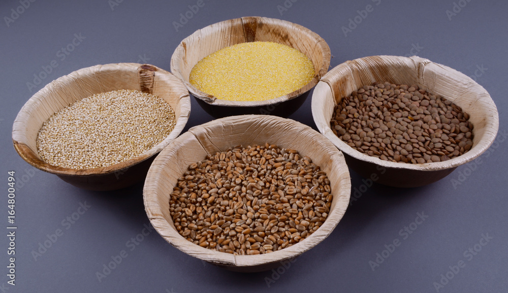 Four sorts of cereals in bowls. Four sorts of cereals in bowls.
