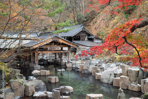 Takaragawa onsen hot spring with colorful trees in autumn, Japan photo