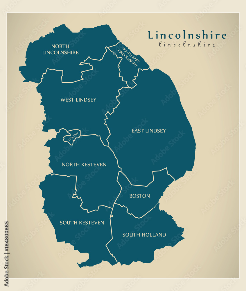 Modern Map - Lincolnshire county with detailed captions UK illustration