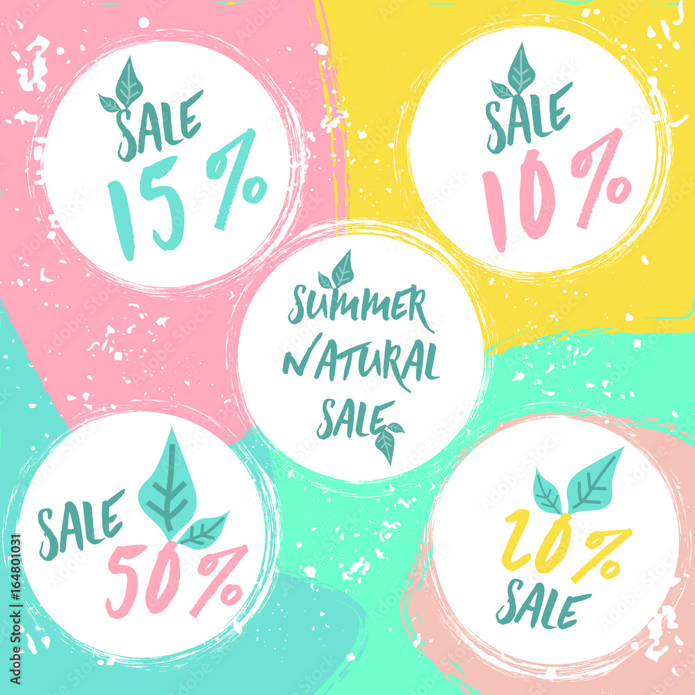 Set of summer sale round labels for natural products. 10%, 15%, 20%, 50% sales.