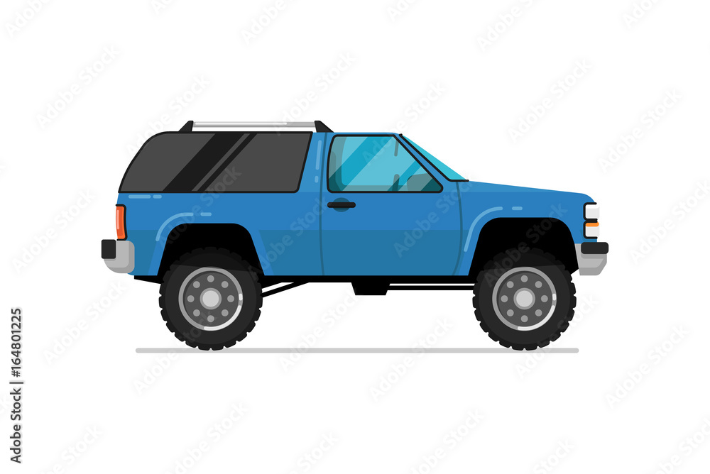 Off road truck icon. Comfortable auto vehicle, side view people city transport isolated vector illustration on white background.