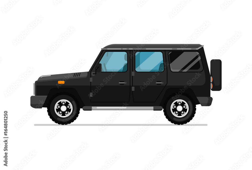 Luxury jeep icon. Comfortable auto vehicle, side view people city transport isolated vector illustration on white background.