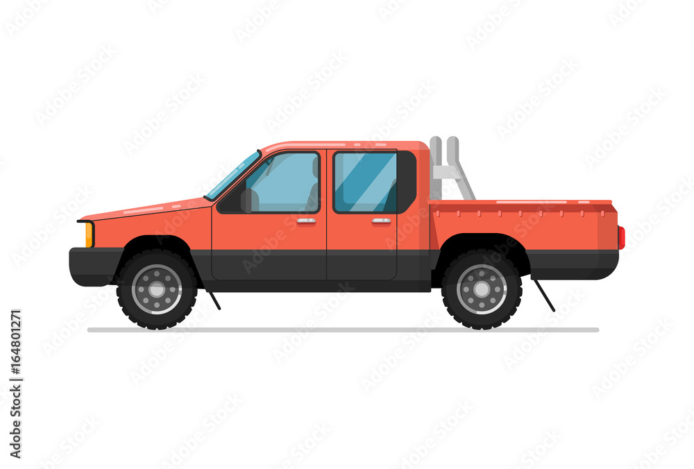 Pick up truck icon. Comfortable auto vehicle, side view people city transport isolated vector illustration on white background.