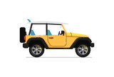 Off road jeep icon. Comfortable auto vehicle, side view people city transport isolated vector illustration on white background.