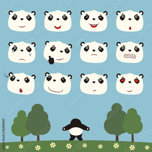 Fototapeta Naklejka Na Ścianę i Meble -  Emoticons set face of panda bear in cartoon style. Collection isolated heads of panda bear in different emotion and his body on meadow with trees.