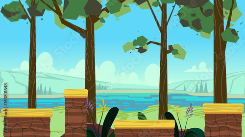 Cute cartoon seamless landscape with separated layers, summer day illustration, fits on mobile devices and may be scaled for desktop size. 1920x1080