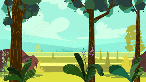 Cute cartoon seamless landscape with separated layers, summer day illustration, fits on mobile devices and may be scaled for desktop size. 1920x1080