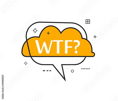 Outline speech bubble with WTF? phrase. Most commonly used replica label isolated on white background vector illustration.