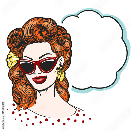 Pop art Woman in glasses with empty speech bubble