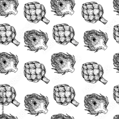Vector hand drawn seamless pattern of artichokes. Farm vegetables. Engraved art. Organic sketched objects. restaurant,