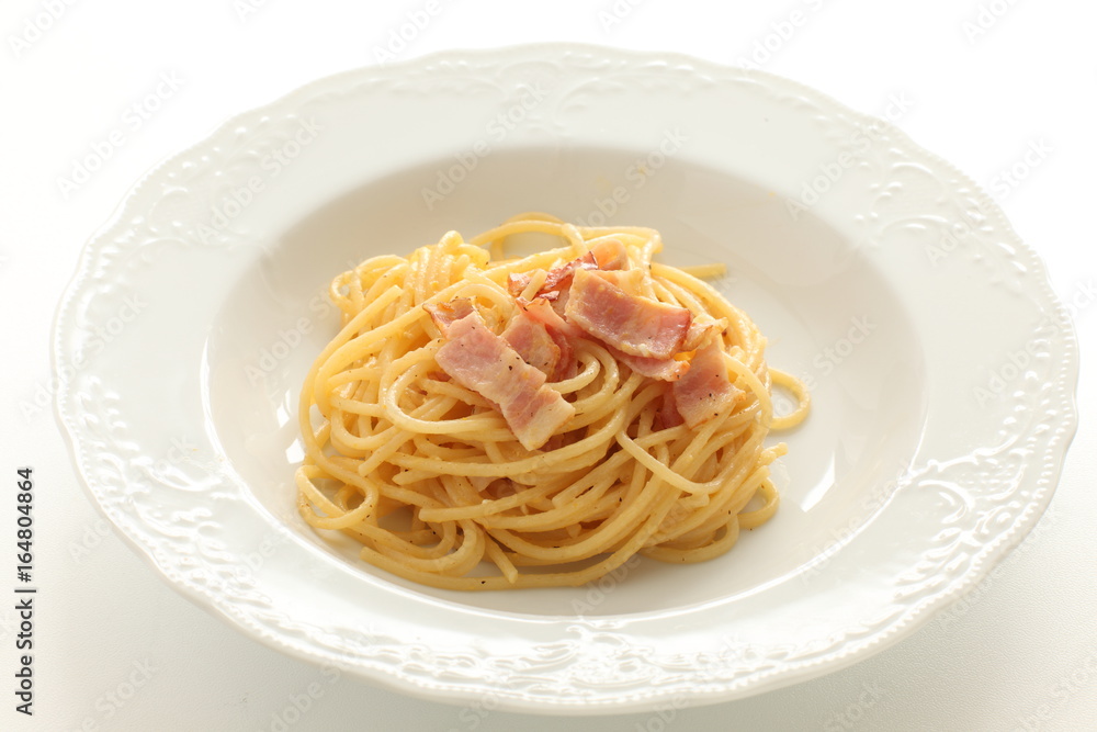 italian food, bacon and egg mixed pasta