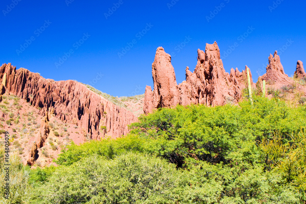 Western-like landscape with red rock formations in dry Quebrada de Palmira near Tupiza, Bolivian Andes, South America.