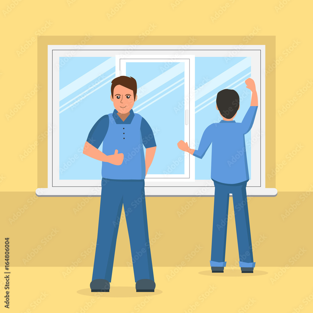 Workers installing plastic window. Plastic windows instalation business concept. Vector illustration with men instaling plastic window. Workers installing plastic window. Plastic windows instalation business concept. Vector illustration with men instaling plastic window.