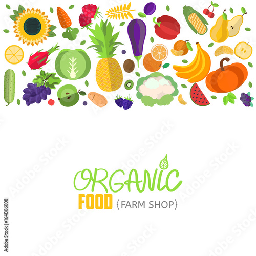 Vector vegetables and fruits header.Banner with fruit and vegetable icons. Concept illustration for groceries, agriculture stores, packaging and advertising.