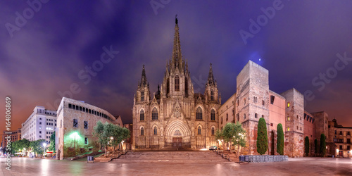 Panorama of Cathedral of the Holy Cross and Saint Eulalia in the moonlit night, Barri Gothic Quarter in Barcelona, Catalonia, Spain