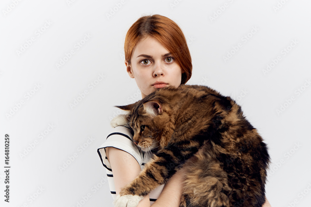 Young beautiful woman on white isolated background holds a cat Young beautiful woman on white isolated background holds a cat