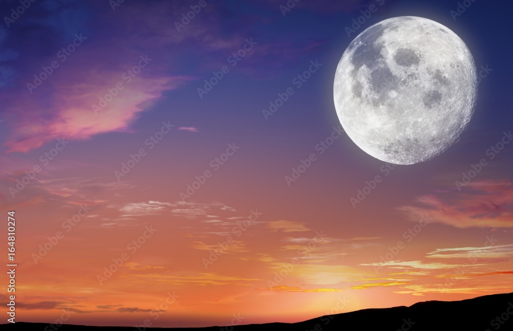 Red sunset and moon . Glowing sunset and full moon  . Dramatic nature background .Religion background