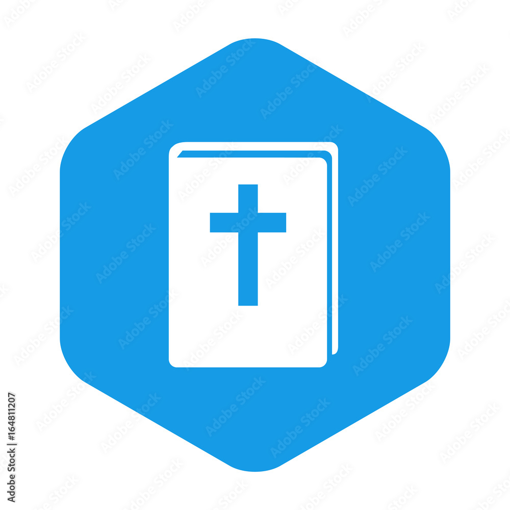 Icono plano Biblia en hexagono azul Icono plano Biblia en hexagono azul