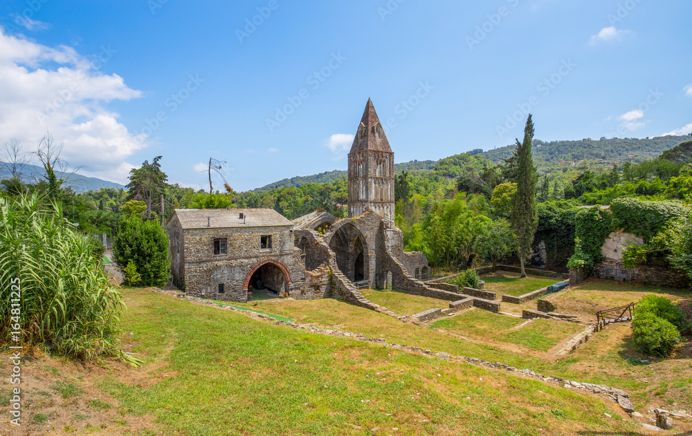 RAPALLO, ITALY JULY, 12, 2017 - Ancient abbey in ruins, the monastery of Santa Maria in Valle Christi situated in Valle Christi, in Rapallo, Genoa (Genova) province, Liguria, Italy